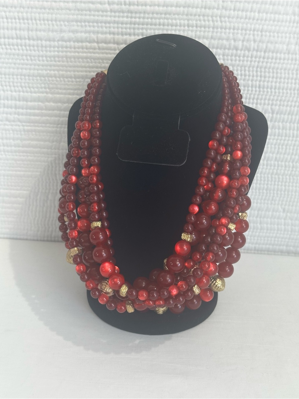 Chico's Multi-Strand Red Beaded Necklace with Gold Accents Boho Luxe